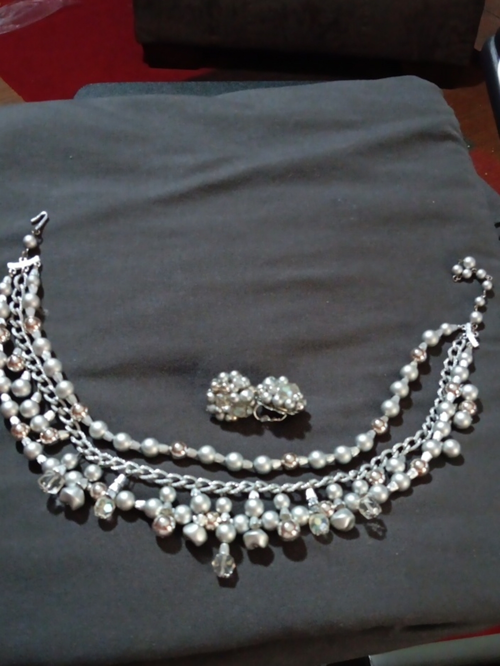 Vintage Silver Pearl Cluster Necklace and Earrings Set